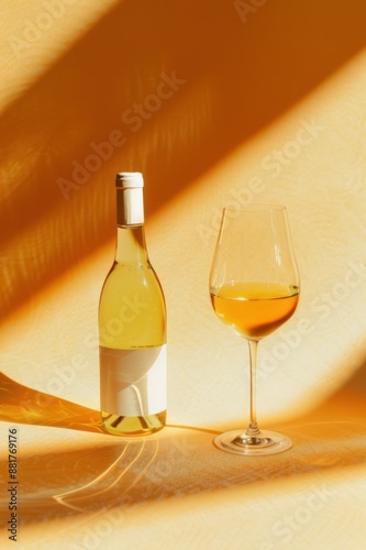 Minimalistic mockup, pastel orange background with sun shadow, white wine bottle.