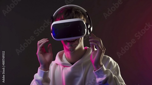 Portrait of esport man gamer using technology VR glasses and play game Attractive young male gaming player taking off virtual reality headset feel excited enjoy broadcast live streamin : Generative AI photo