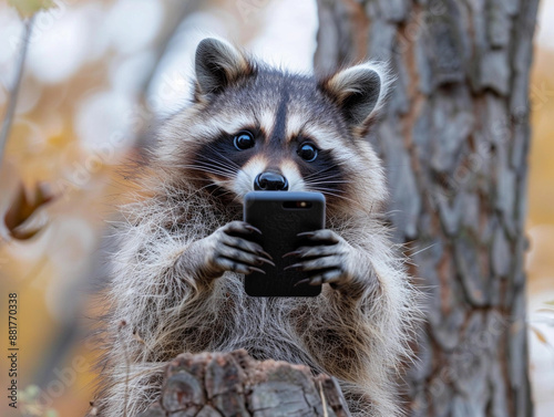 Raccoon Uses Smartphone In Autumn Forest photo