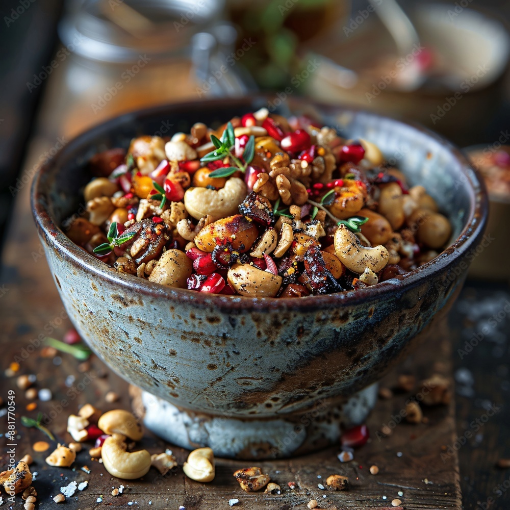 A Bowl of Mixed Nuts and Pomegranate Seeds