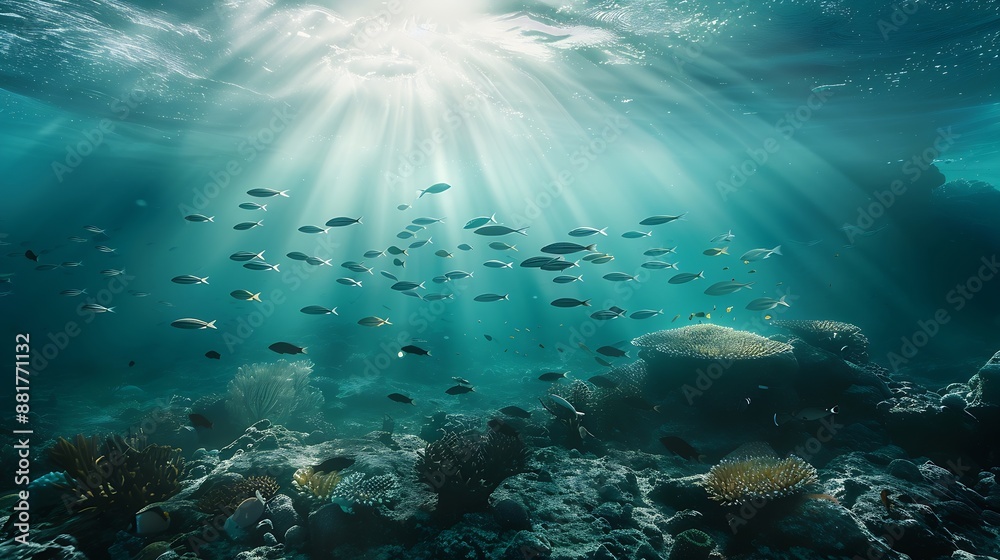 Naklejka premium Underwater landscape with schooling fish and beautiful sunlight From a scuba dive in the Atlantic ocean : Generative AI