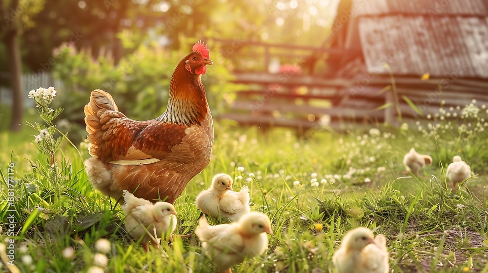 Fototapeta premium Mother hen with chickens in a rural yard Chickens in a grass in the village against sun photos Gallus gallus domesticus Poultry organic farmSustainable economyNatural farmingFree range : Generative AI
