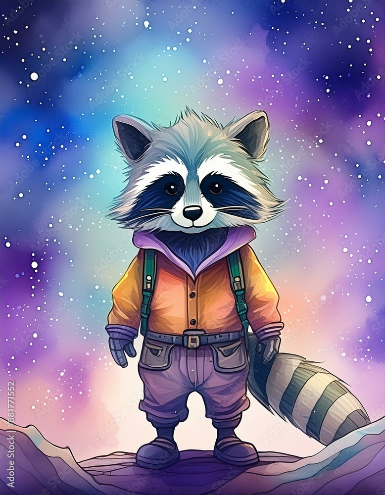 Fototapeta cartoon raccoon in the night on the moon