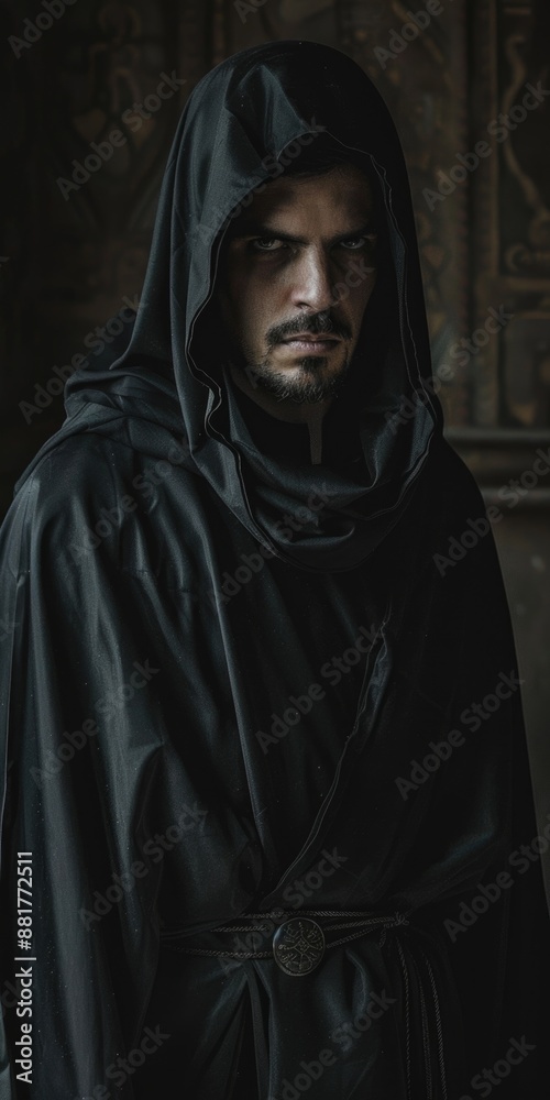 Black Robe. Guy Wearing Dark Night Robe for Halloween Portrait Black Robe. Guy Wearing Dark Night Robe for Halloween Portrait
