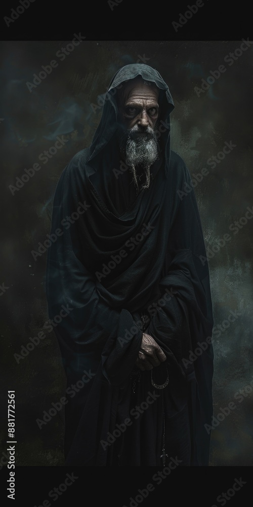 Black Robe Portrait: Guy in Dark Robe at Night, Holy Saint on Halloween Black Robe Portrait: Guy in Dark Robe at Night, Holy Saint on Halloween