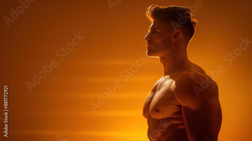 Striking silhouette of muscular man posing in dramatic lighting.