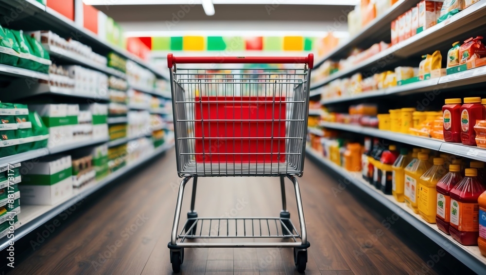 a shopping cart prominently in the foreground, with a red plastic basket and a metal img