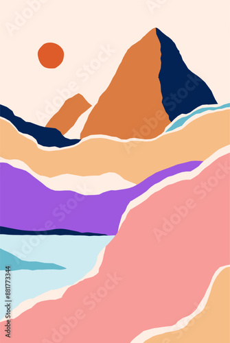 Abstract landscape card. Nature with mountain peak, sun, sea. Modern colorful poster, minimalist wall art design. Contemporary peaceful scenery in trendy style. Colored flat vector illustration