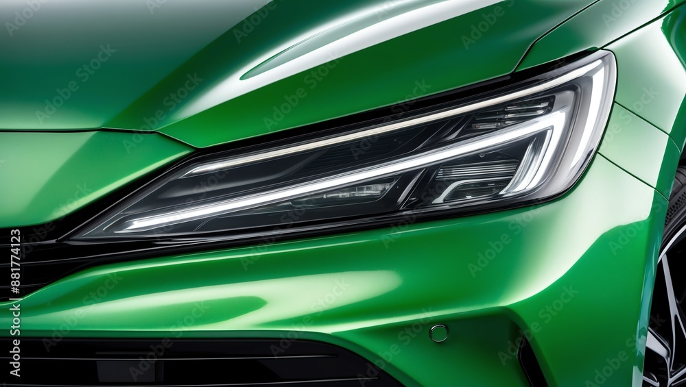 Close-up view of the front section of a modern, green img Close-up view of the front section of a modern, green img