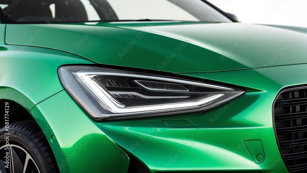 Close-up view of the front section of a modern, green img Close-up view of the front section of a modern, green img