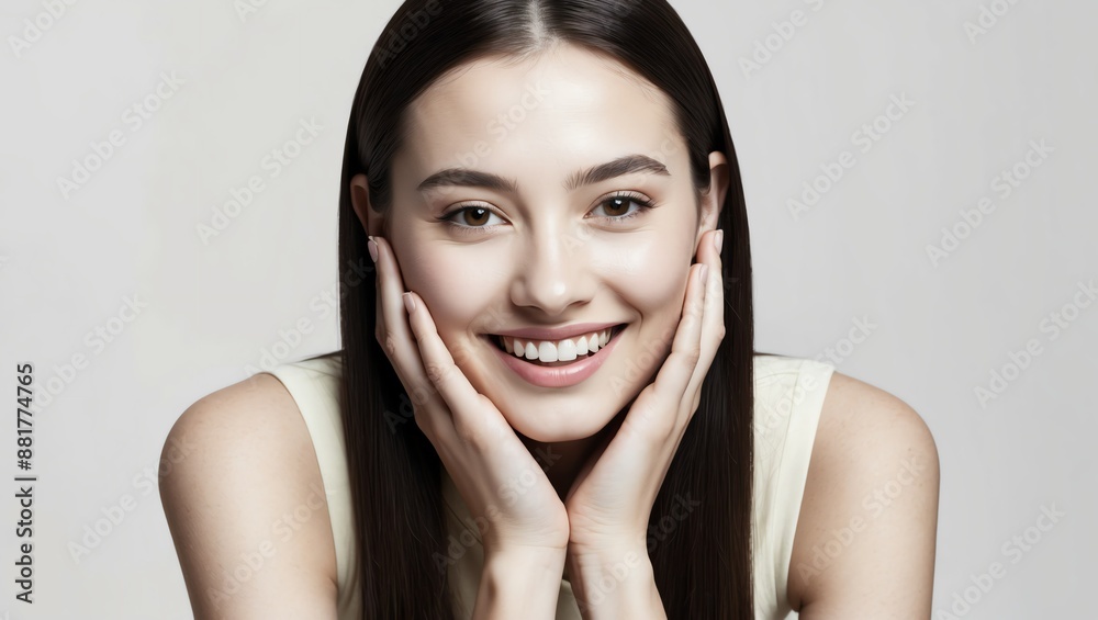 High-quality studio portrait of a young woman with long, straight dark hair and fair img High-quality studio portrait of a young woman with long, straight dark hair and fair img
