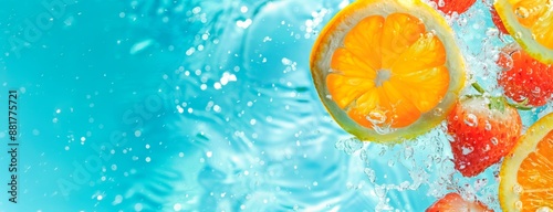 Close up of water splashing with oranges and strawberries against a light blue background copy space for text, summer concept  © XC Stock