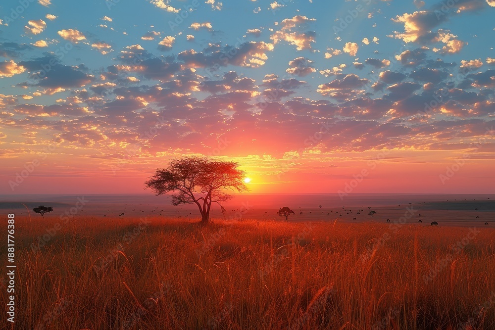 Fototapeta premium A stunning sunset over the Serengeti with silhouettes of acacia trees, roaming wildlife, and a vast, open sky.