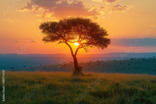 A stunning sunset over the Serengeti with silhouettes of acacia trees, roaming wildlife, and a vast, open sky. 