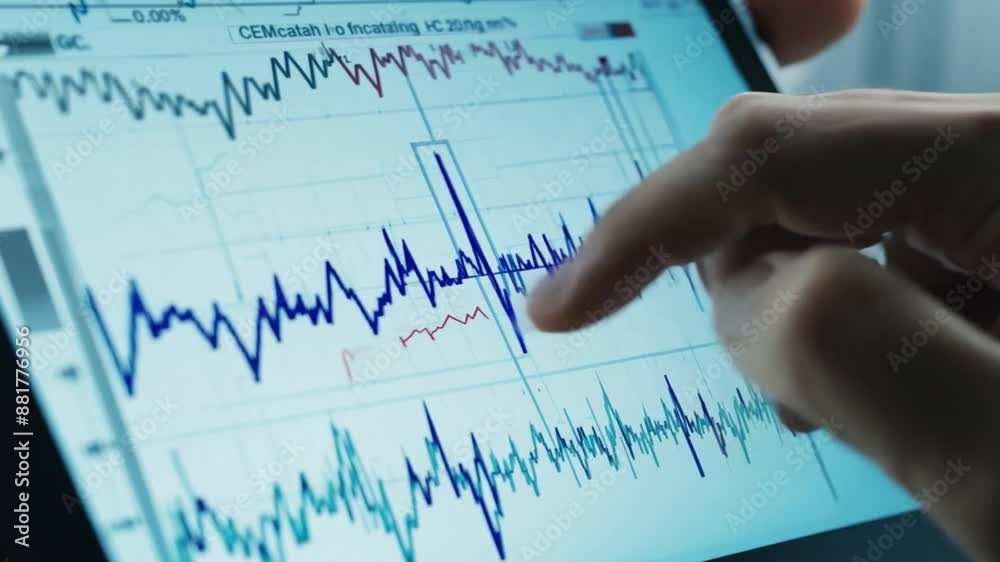 Hand of Cardiologist examines electrocardiogram on tablet in cardiology clinic Hand of Cardiologist examines electrocardiogram on tablet in cardiology clinic