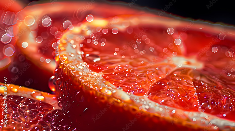 Sliced grapefruit with water drops on dark background Sliced grapefruit with water drops on dark background