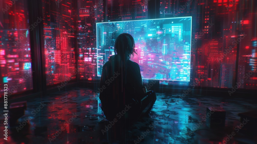 Silhouetted Figure Gazing at a Neon Cityscape Silhouetted Figure Gazing at a Neon Cityscape