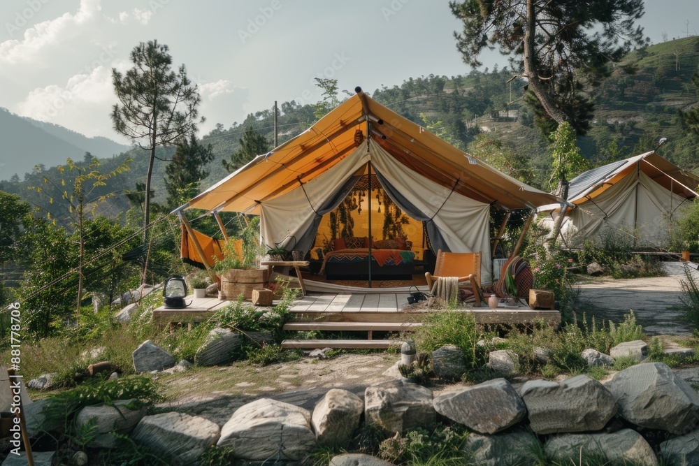 A glamping site with luxurious tents surrounded by nature Each tent is equipped with solar panels for electricity, compost toilets, and furniture made from reclaimed wood Providing a sustainable yet A glamping site with luxurious tents surrounded by nature Each tent is equipped with solar panels for electricity, compost toilets, and furniture made from reclaimed wood Providing a sustainable yet