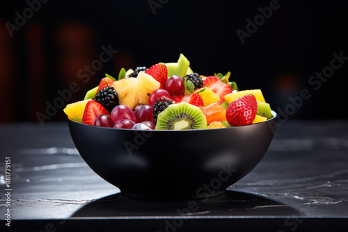Close up of a bowl with fresh fruits on a black table 