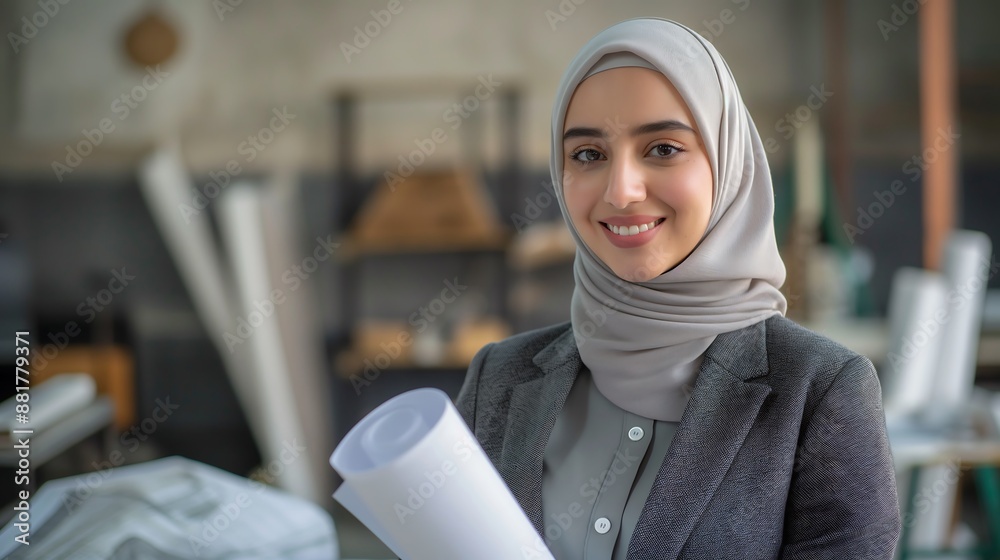 Smiling female architect with blueprints and a building model on the workbench exemplifying skill and vision in modern architecture Smiling female architect with blueprints and a building model on the workbench exemplifying skill and vision in modern architecture