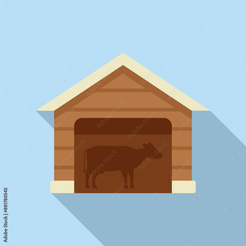 Simple illustration of a brown cow standing in a wooden barn on a farm Simple illustration of a brown cow standing in a wooden barn on a farm