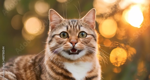 Portrait of a happy cat on a blurred background, beautiful lighting.