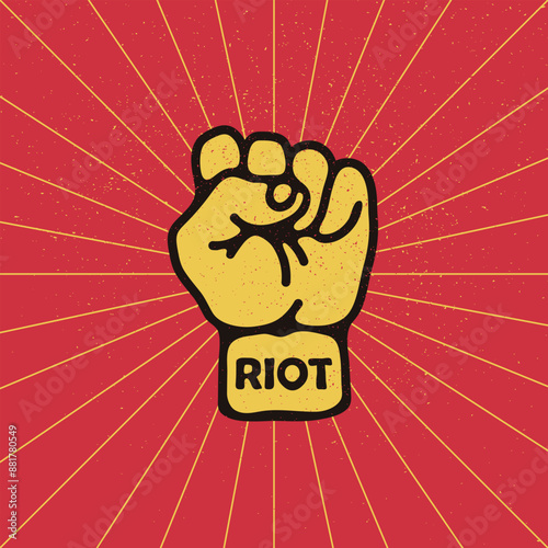 Revolution hand up emblem with rays. (riot) Vector illustration on grunge texture background