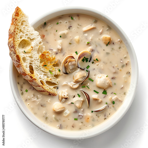 Champagne clam chowder with sourdough bread on white background, top view. Chowder in bowl with bread, photographed professionally from above on white surface.