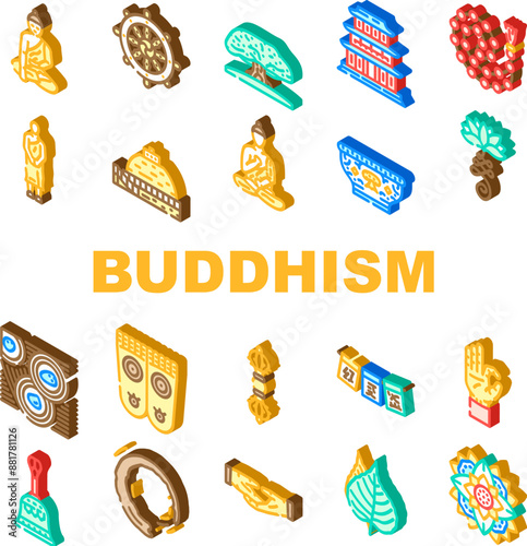 buddhism religion buddha thailand icons set vector. temple asia, religion monk, thai travel, asian statue, culture spiritual, ancient buddhism religion buddha thailand isometric sign illustrations