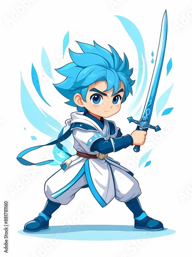 cute kawaii cartoon, a boy holding sword