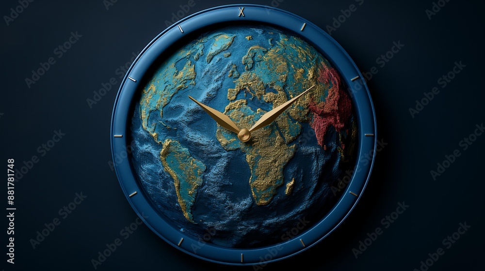 Elegant world map clock with blue and gold design on dark blue background Elegant world map clock with blue and gold design on dark blue background
