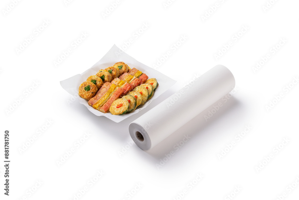 롤로 말린 주방용 기름종이를 사용해서 전요리를 플레이팅하고 있다. 롤로 말린 주방용 기름종이를 사용해서 전요리를 플레이팅하고 있다.