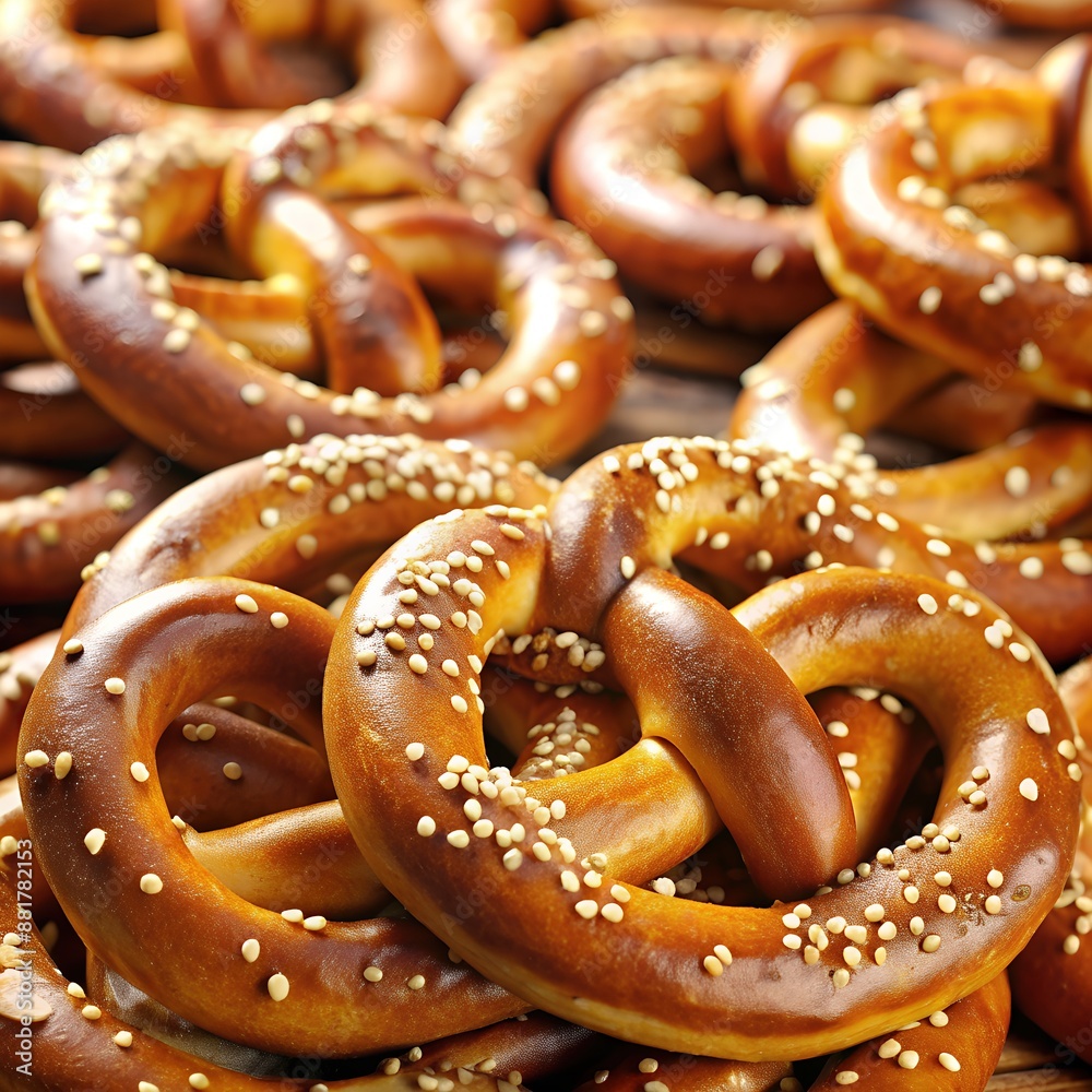 golden brown soft pretzels twisted shape shiny baked sprinkled white sesame seeds golden brown soft pretzels twisted shape shiny baked sprinkled white sesame seeds