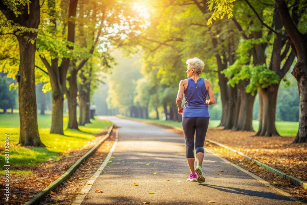 A scenic park landscape with a vacant marathon route, emphasizing a healthy lifestyle, featuring a subtle senior female presence through abandoned running gear. A scenic park landscape with a vacant marathon route, emphasizing a healthy lifestyle, featuring a subtle senior female presence through abandoned running gear.