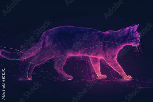 Illustration showcasing a cat silhouette striking a walking pose, in pink and purple colours on a dark background