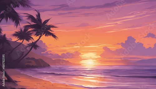 A tranquil anime beach at sunset, bathed in golden light and orange-purple hues, evokes serene peace 2. Generative AI