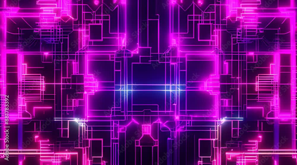 A vibrant abstract representation of a circuit grid, with neon pink lines and geometric patterns, creating a futuristic and energetic visual