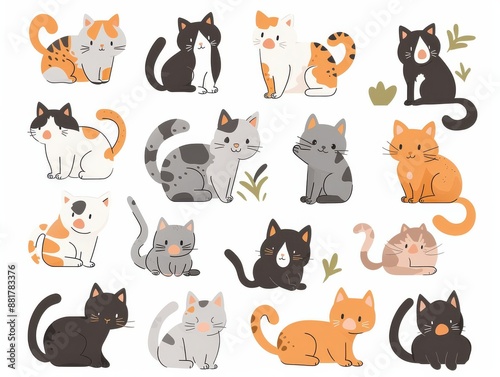 Cute doodle set of various cartoon cats in different poses. Illustration.