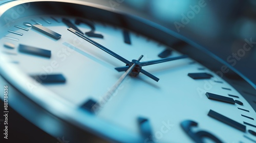 Close-up of a simple analog clock face with a calming blue tint and classic design