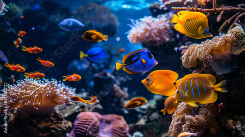 Beautiful and colorful tropical fish with coral reef in the deep sea underwater background