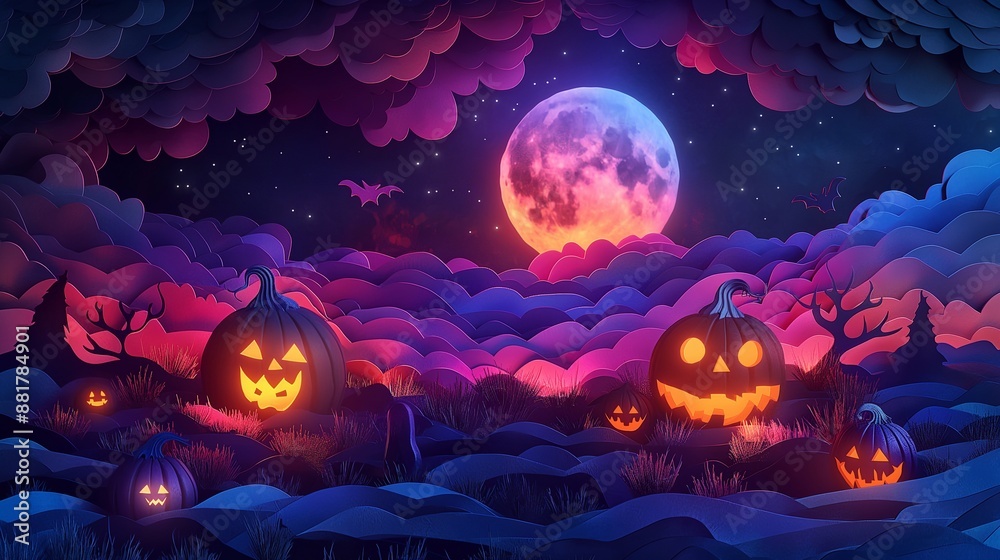 A Halloween night with carved pumpkins, Jack OÕLantern and a full moon in a paper cut style. Halloween greeting card A Halloween night with carved pumpkins, Jack OÕLantern and a full moon in a paper cut style. Halloween greeting card