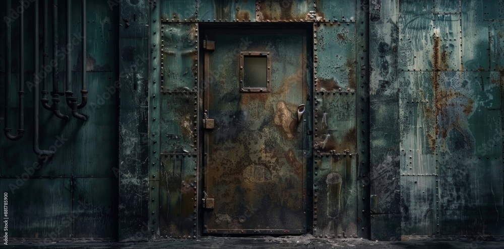 An old rustic metal door set within a dark, abandoned building, evoking a sense of mystery and abandonment in an urban environment. An old rustic metal door set within a dark, abandoned building, evoking a sense of mystery and abandonment in an urban environment.