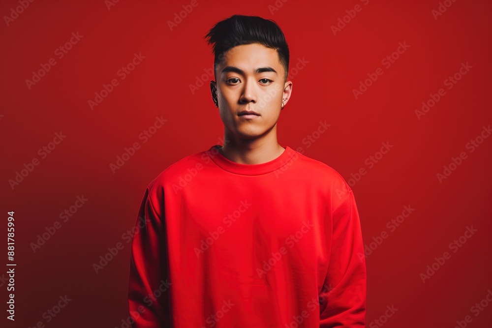 A man in a red shirt stands in front of a red background A man in a red shirt stands in front of a red background