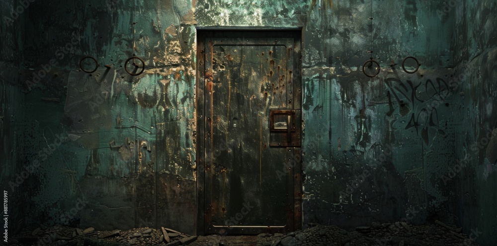An old rustic metal door set within a dark, abandoned building, evoking a sense of mystery and abandonment in an urban environment. An old rustic metal door set within a dark, abandoned building, evoking a sense of mystery and abandonment in an urban environment.