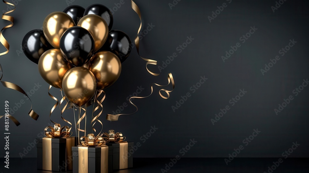 Luxurious black and gold balloons with gift boxes and ribbons on a dark background, perfect for celebrations and parties. Luxurious black and gold balloons with gift boxes and ribbons on a dark background, perfect for celebrations and parties.