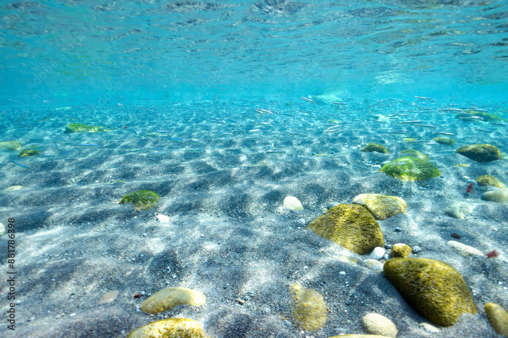 Fototapeta premium 式根島の中の浦海水浴場の美しい海の半水面撮影。東京都伊豆諸島式根島 - 2021年3月 