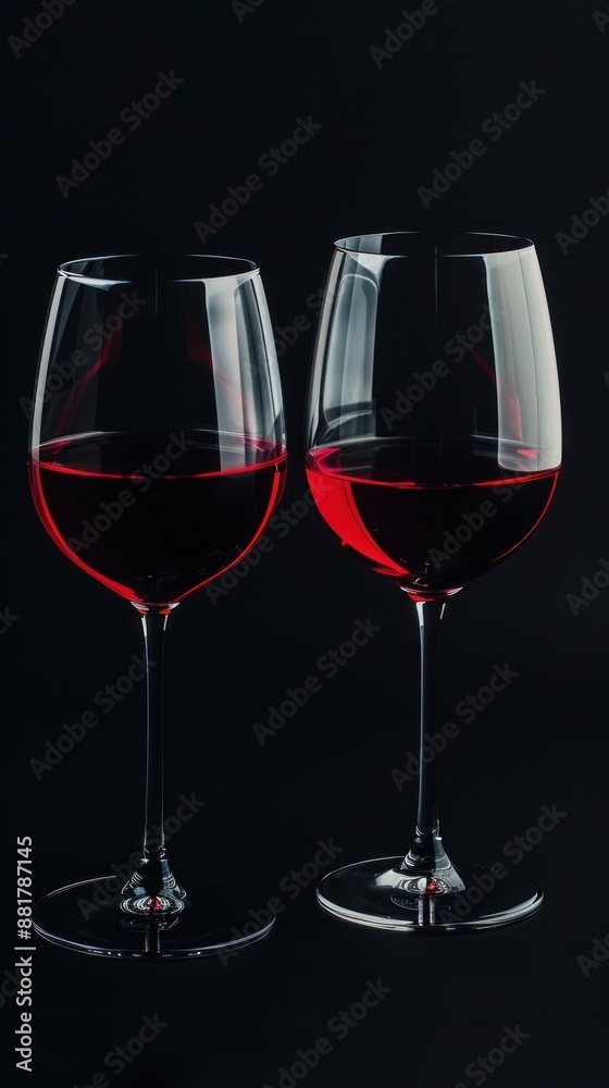 Photo of two full with red wine glasses on empty space isolated on black color background Photo of two full with red wine glasses on empty space isolated on black color background