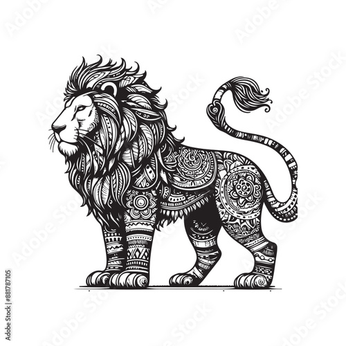 black and white line ethnic drawing nice lion full body isolated for print on coloring book photo