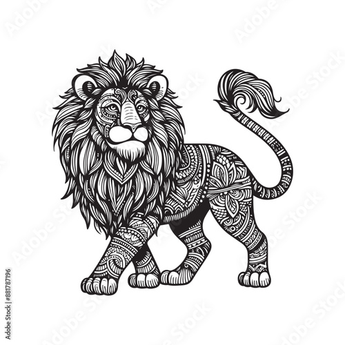 black and white line ethnic drawing nice lion full body isolated for print on coloring book photo