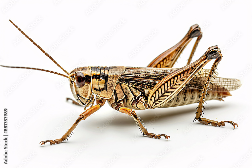 A highly detailed close-up of a grasshopper against a white background showcasing its intricate patterns and textures A highly detailed close-up of a grasshopper against a white background showcasing its intricate patterns and textures